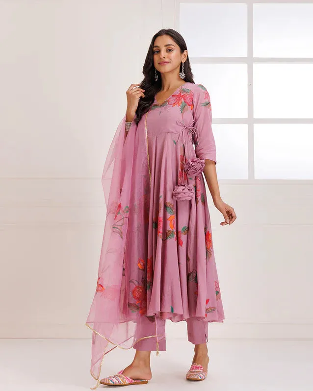 Organza Rose Pink Angrakha Hand Painted Anarkali Suit Set with Dupatta