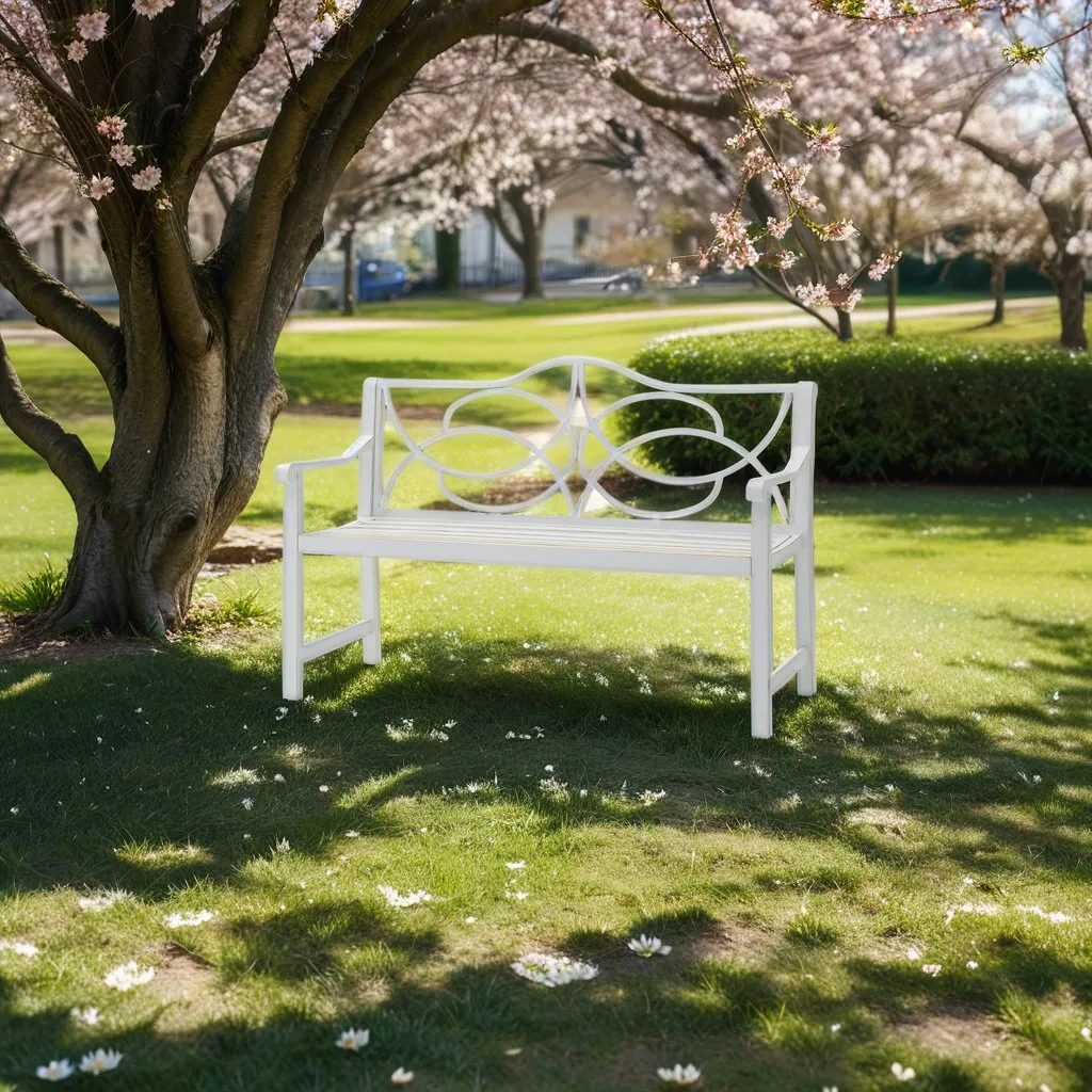 Outdoor Garden Patio Bench, Metal Steel Frame Park Bench,White