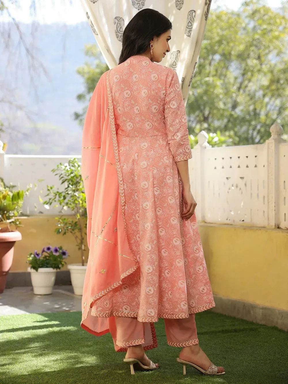 Peach & White Chanderi Printed & Hand Embroidered Anarkali Suit Set with Organza Dupatta