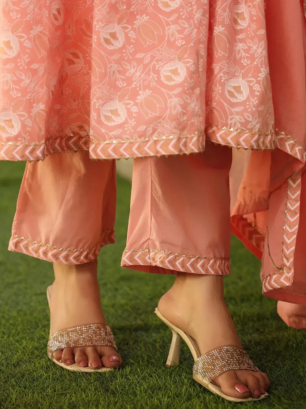 Peach & White Chanderi Printed & Hand Embroidered Anarkali Suit Set with Organza Dupatta