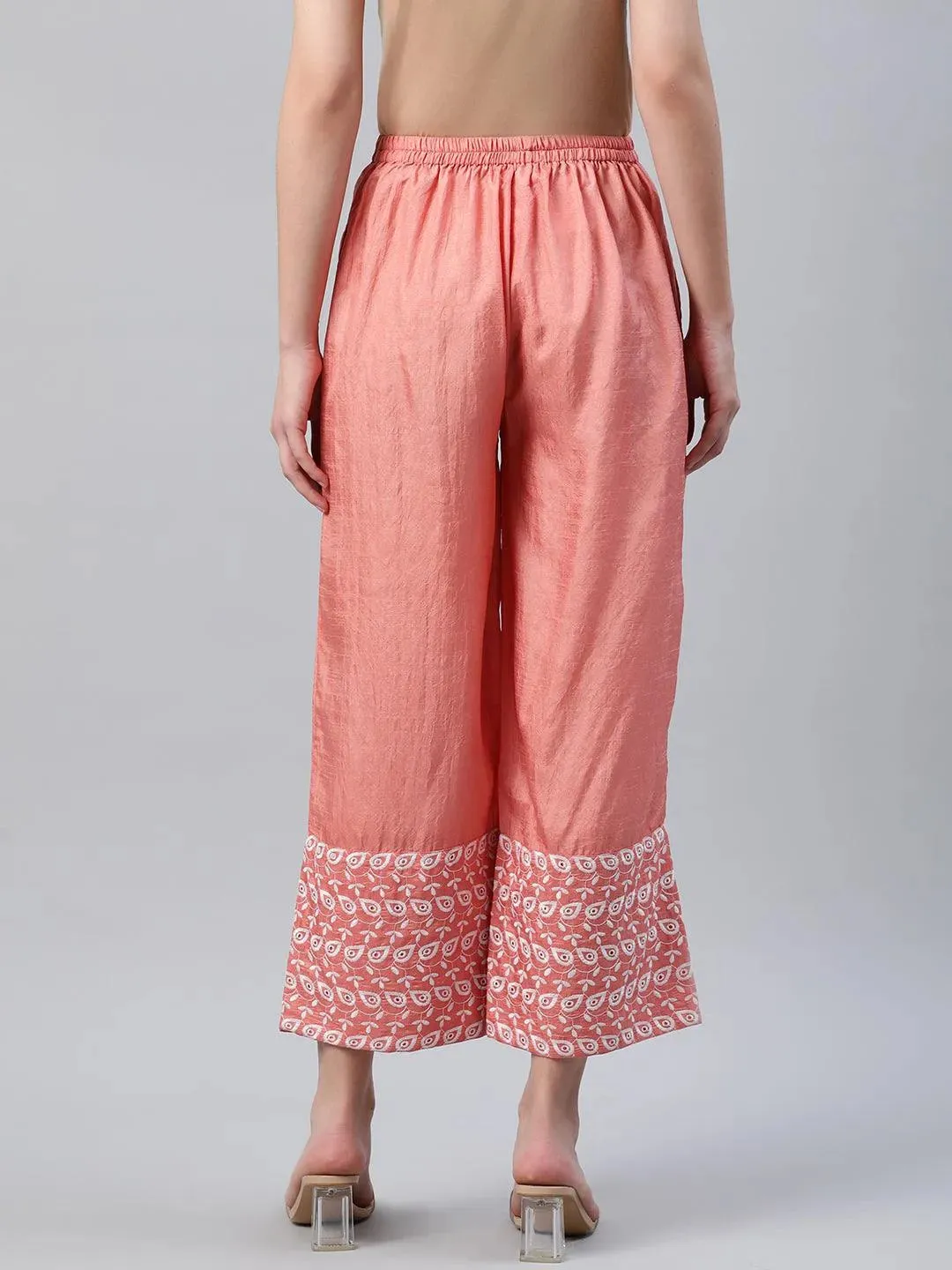 Peach Embroidered Silk Palazzos