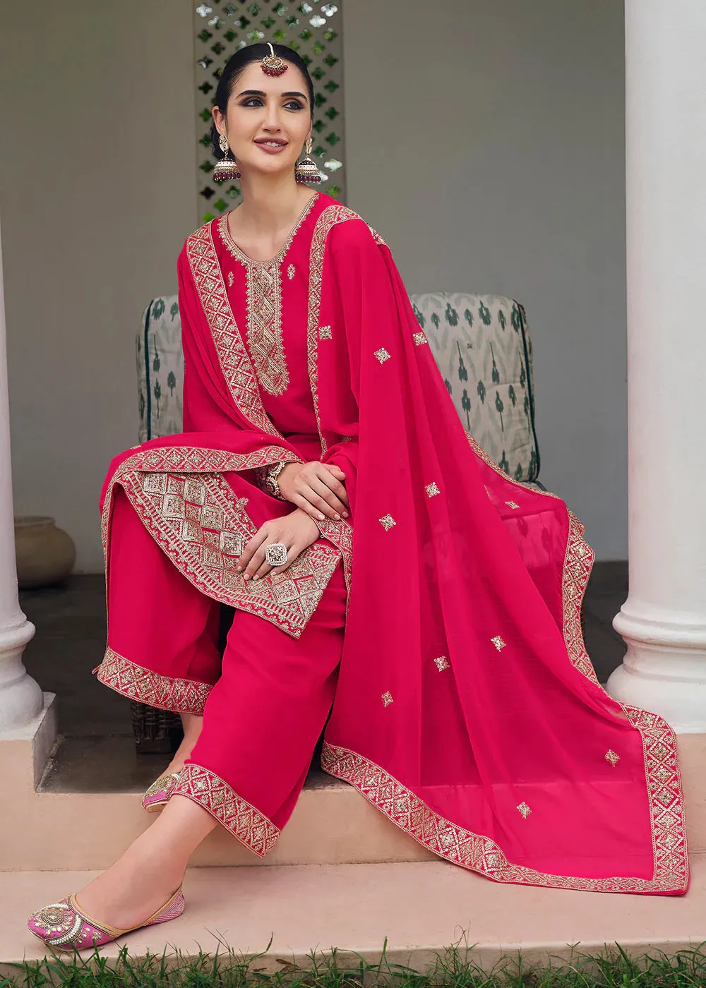 Pink Georgette Stonework Embroidered Suit Set with Dupatta