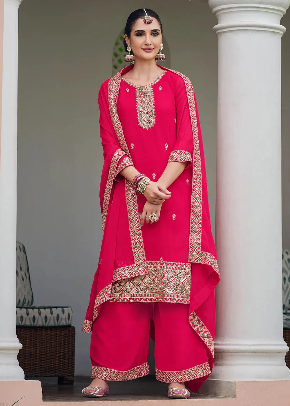 Pink Georgette Stonework Embroidered Suit Set with Dupatta