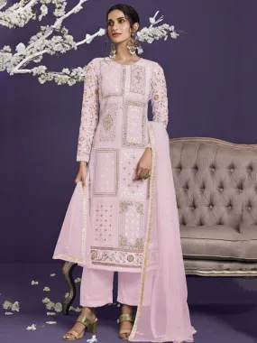 Pink Georgette with Thread Embroidered, Zari & Sequins Detailing Suit Set with Dupatta