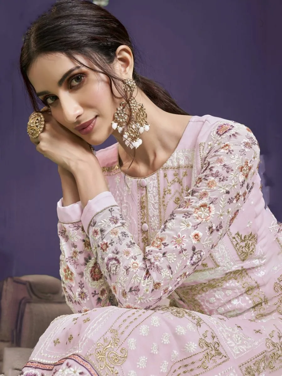 Pink Georgette with Thread Embroidered, Zari & Sequins Detailing Suit Set with Dupatta