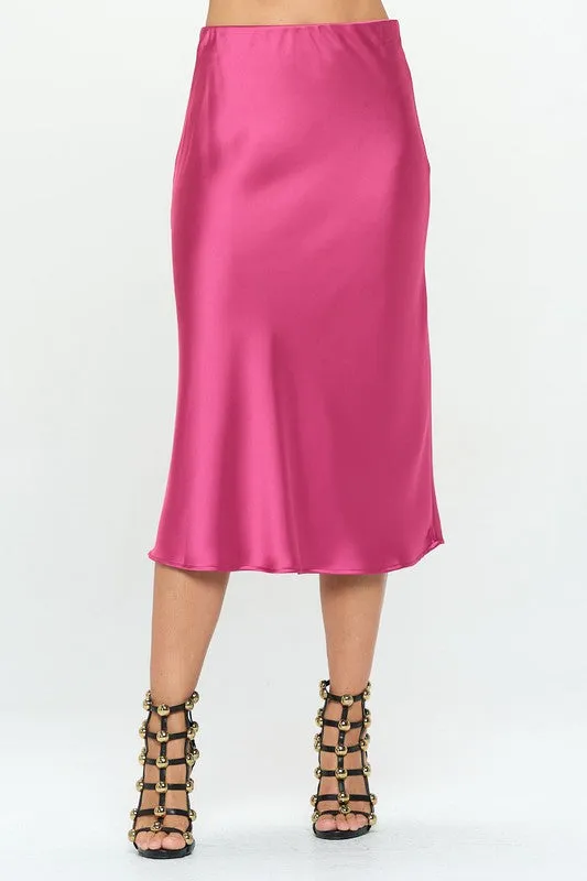 Pink Solid Color Skirt Silky Stretch Satin Midi Skirt Women's Fashion Made in the USA