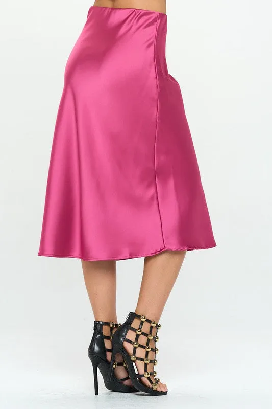 Pink Solid Color Skirt Silky Stretch Satin Midi Skirt Women's Fashion Made in the USA