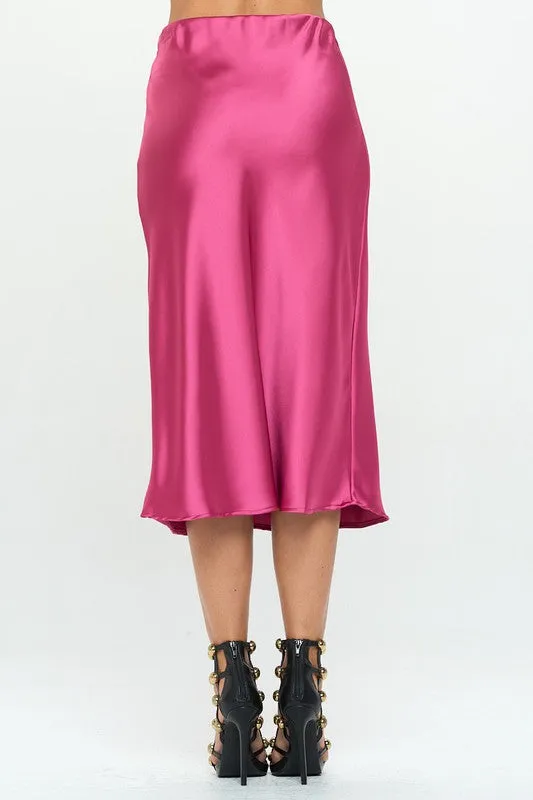 Pink Solid Color Skirt Silky Stretch Satin Midi Skirt Women's Fashion Made in the USA