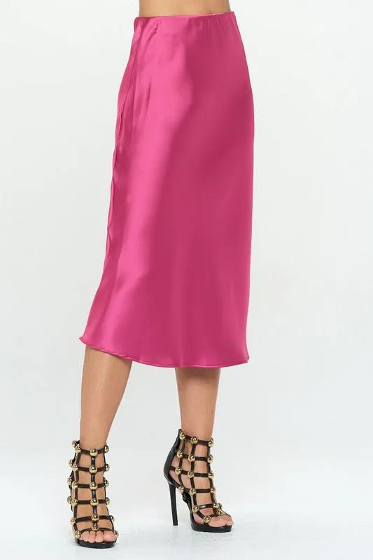 Pink Solid Color Skirt Silky Stretch Satin Midi Skirt Women's Fashion Made in the USA