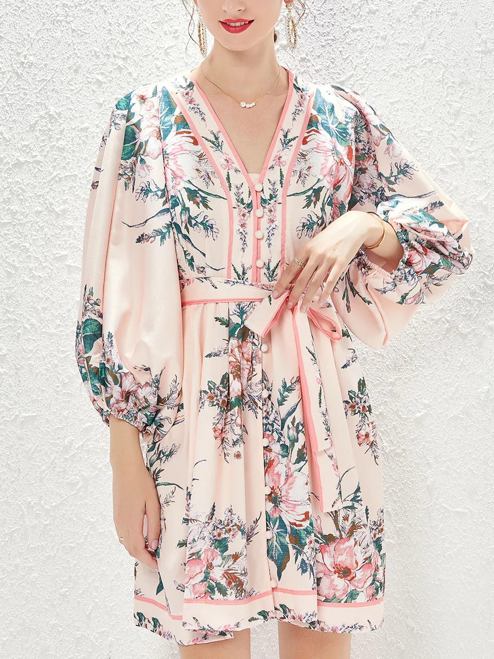 Pink V Neck Floral Print Long Sleeve Bohemian Mini Summer Dress