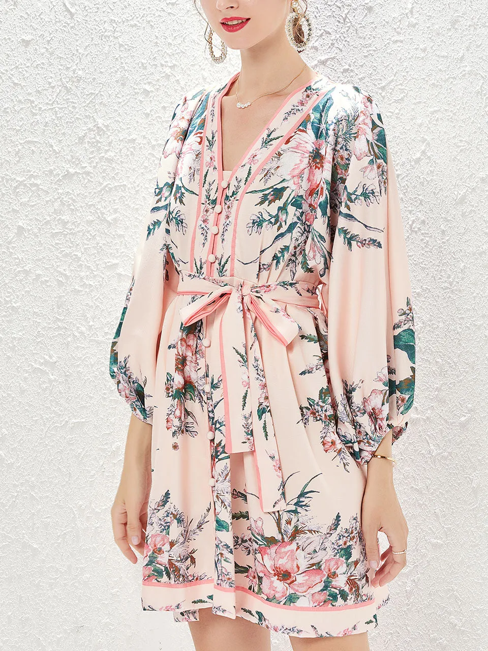 Pink V Neck Floral Print Long Sleeve Bohemian Mini Summer Dress