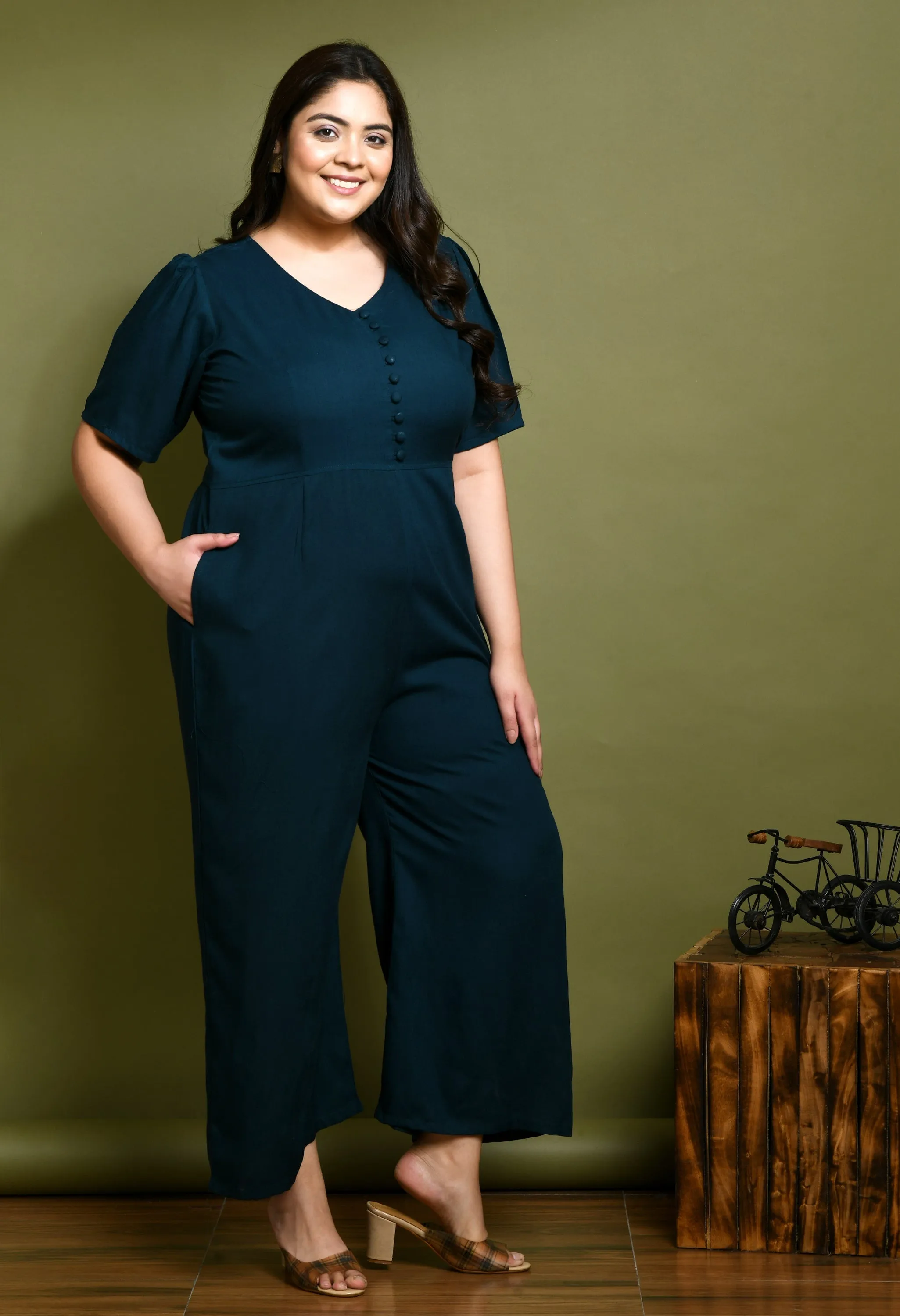 Plus Size Plus Size Solid Teal Jumpsuit