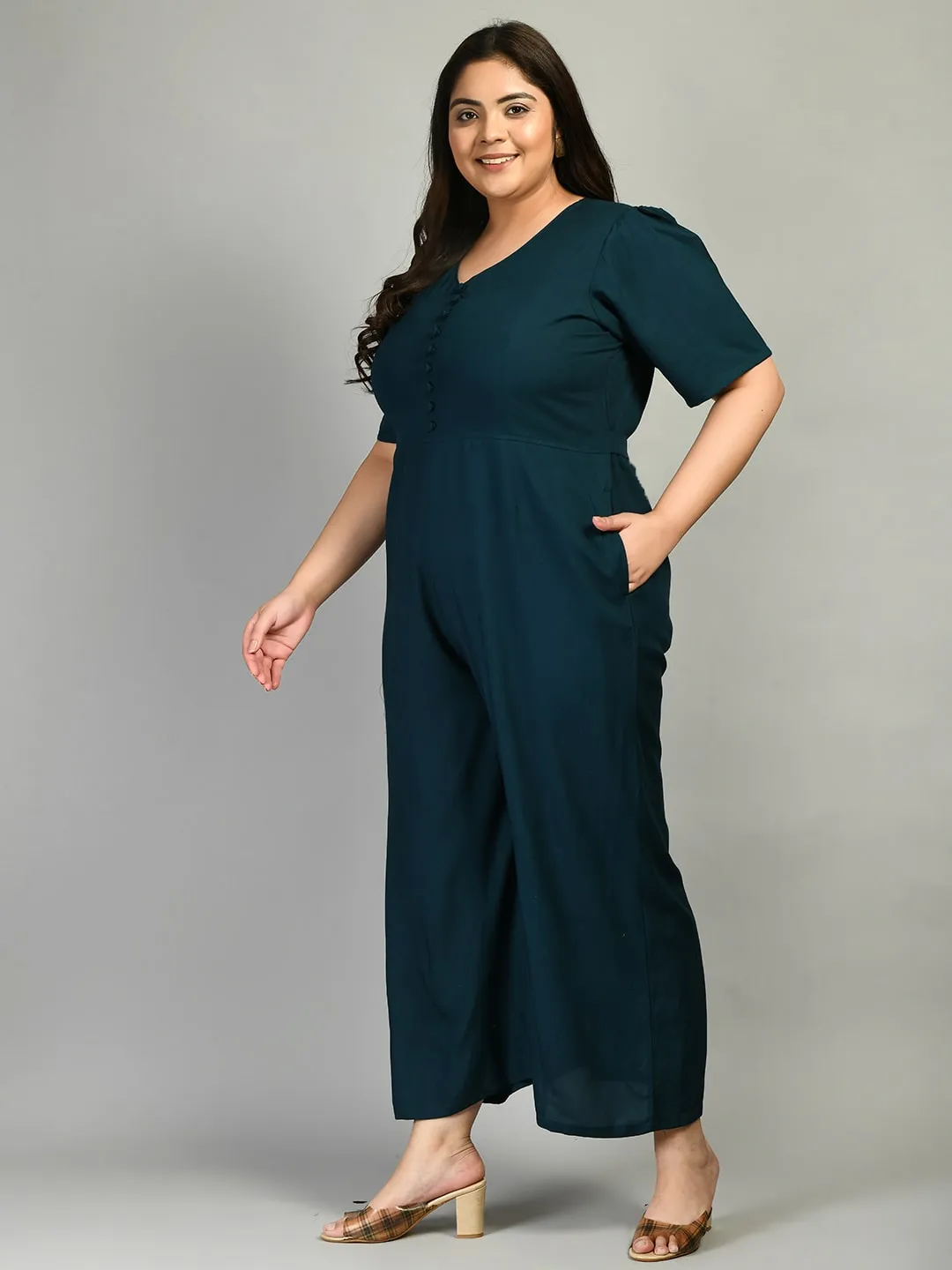 Plus Size Plus Size Solid Teal Jumpsuit