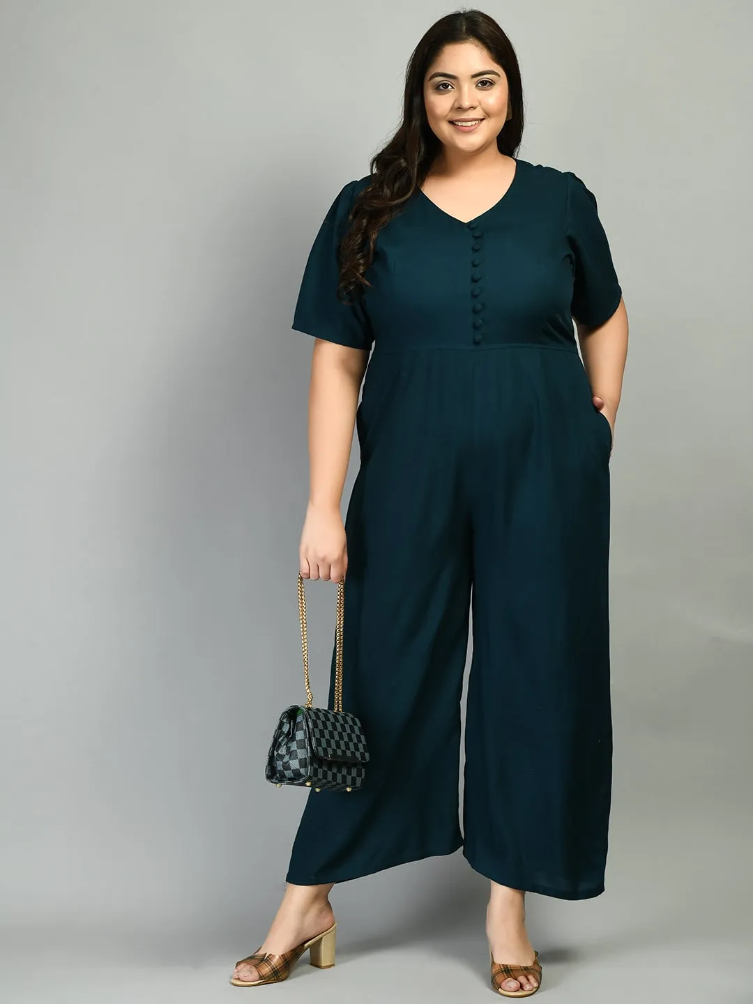 Plus Size Plus Size Solid Teal Jumpsuit