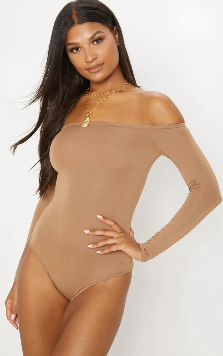 PrettyLittleThing Womens Basic Camel Bardot Bodysuit