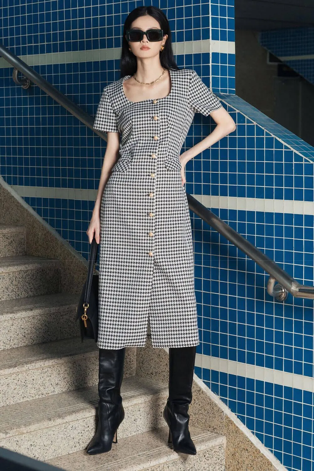 Pronce Sheath Button Tweed Midi Dress