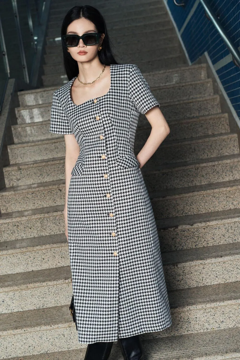 Pronce Sheath Button Tweed Midi Dress