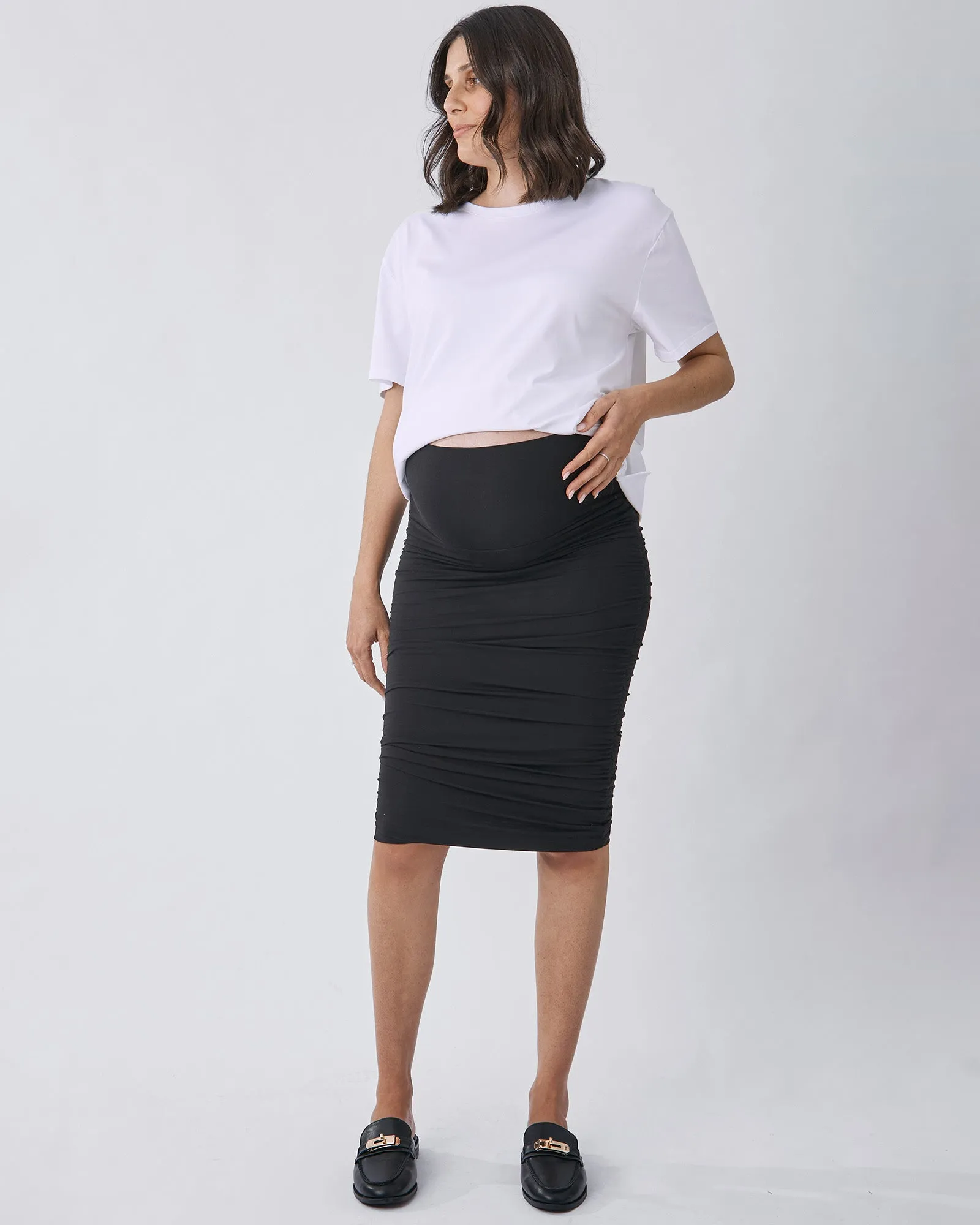 "The Ruched" Maternity Midi Skirt in Black