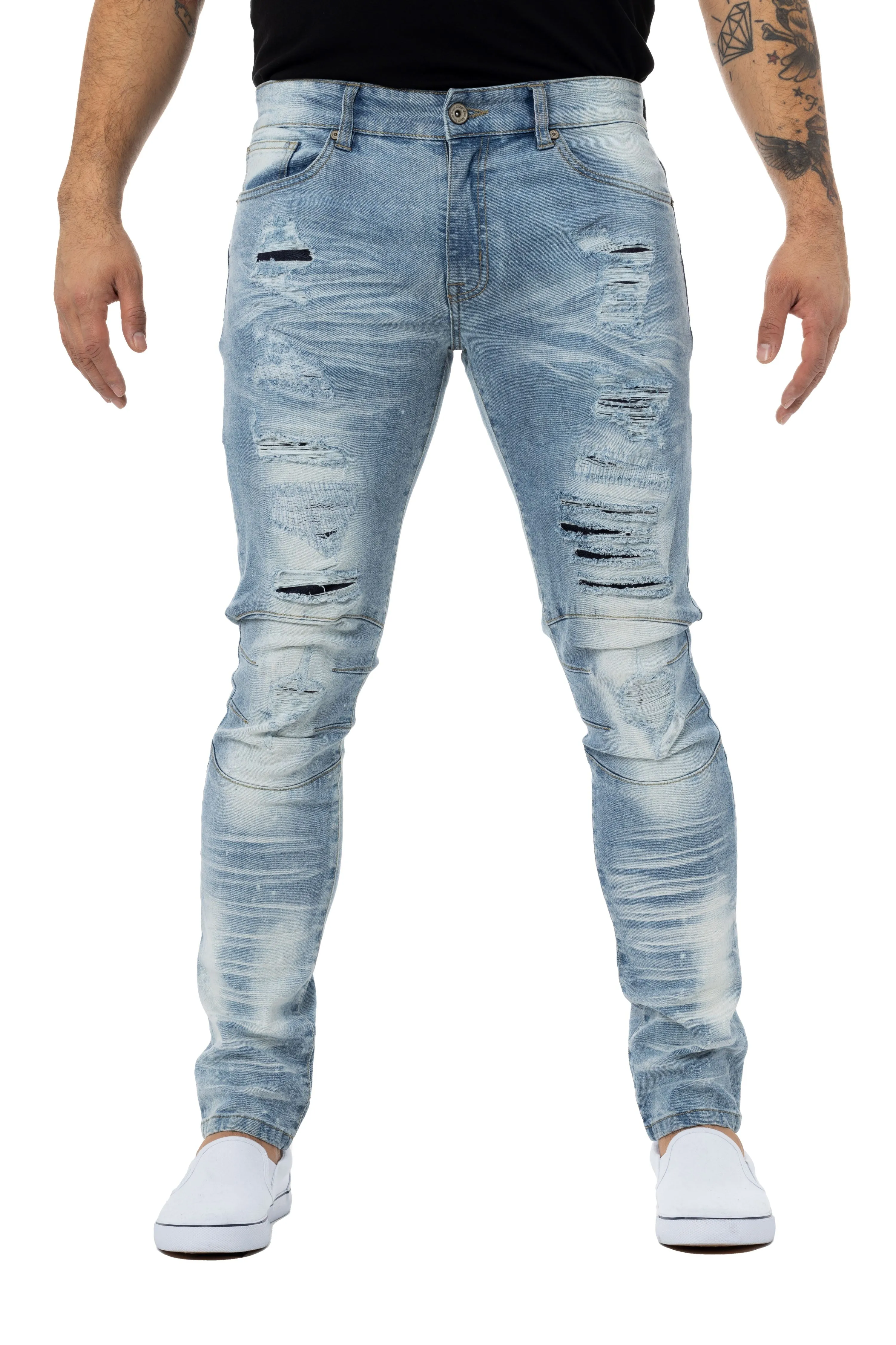 RAW X Men's Skinny Fit Moto Biker Rip & Repair Denim Pants