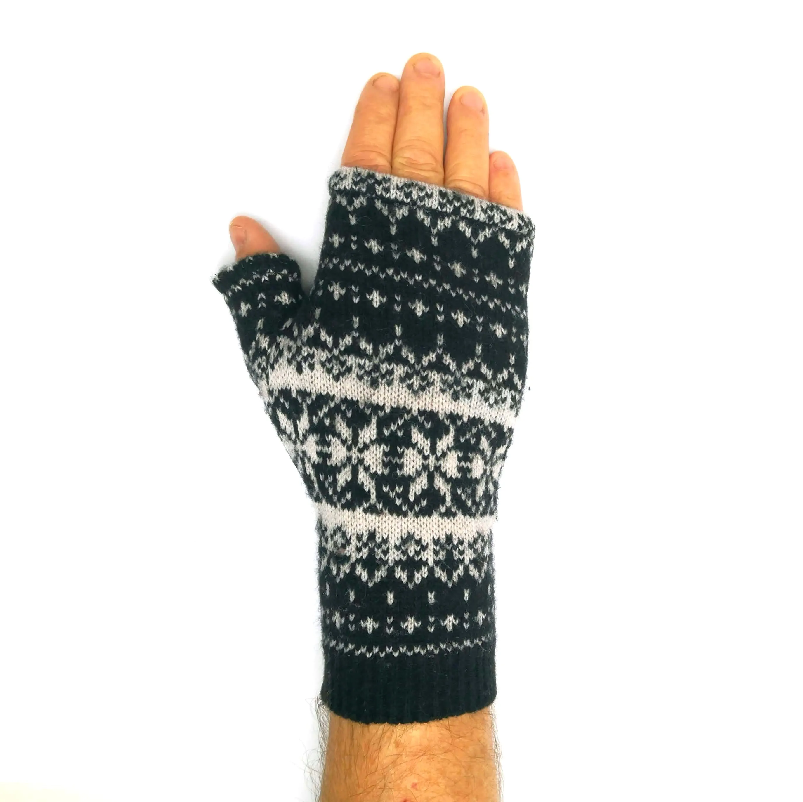 Recycled black & white fair isle wool Kitten Mittens, men's short