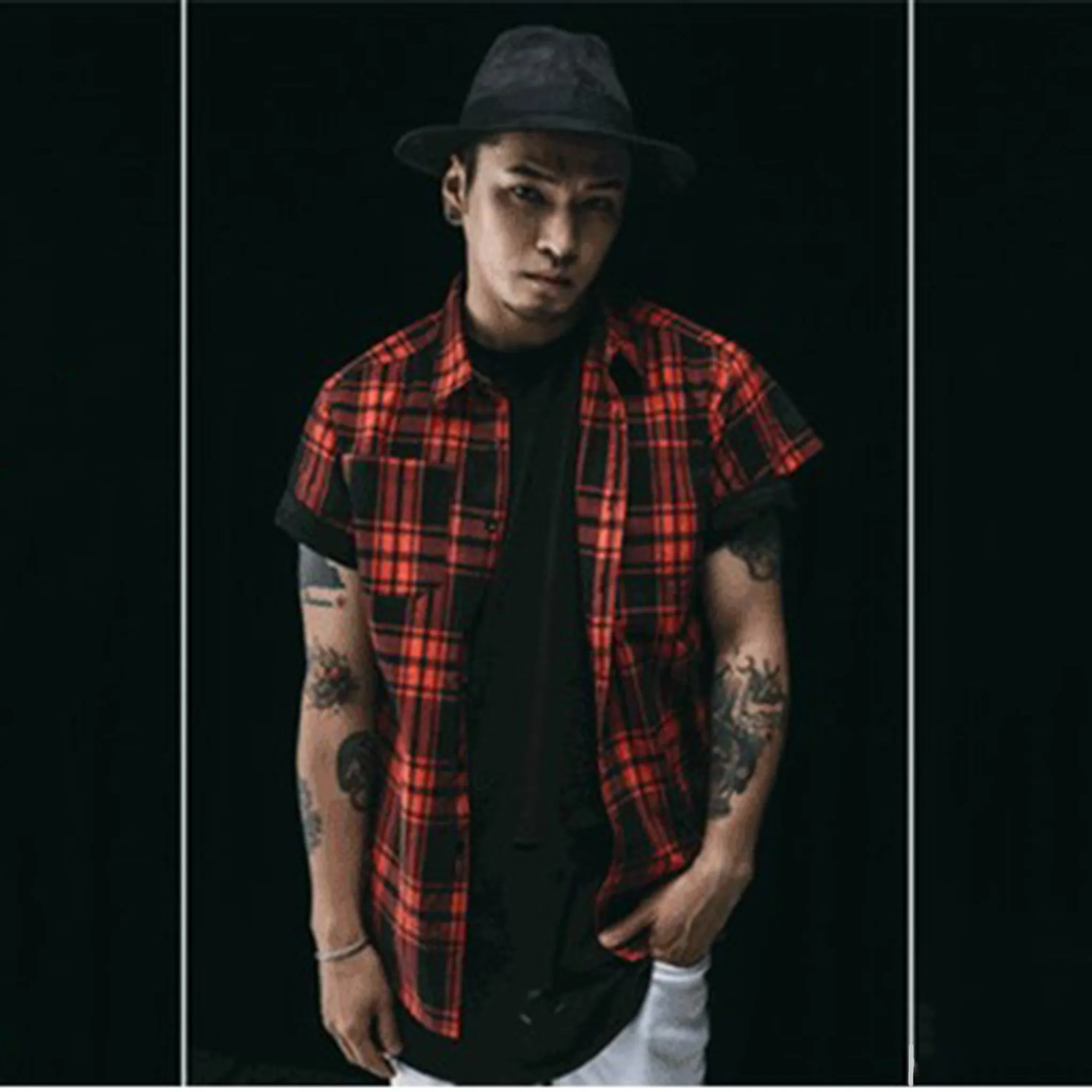 Red check waistcoat shirt for men