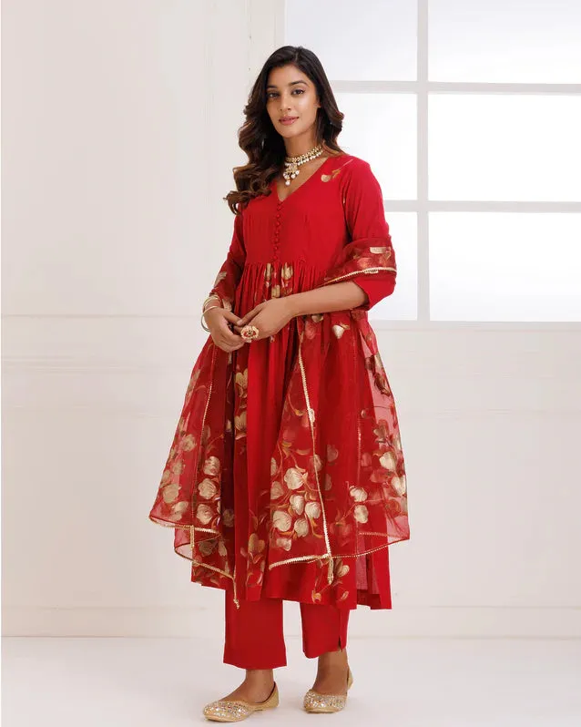 Red Organza Hand Painted Suit Set with Dupatta