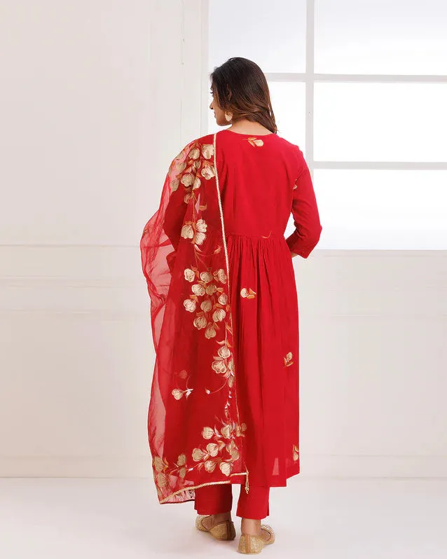 Red Organza Hand Painted Suit Set with Dupatta