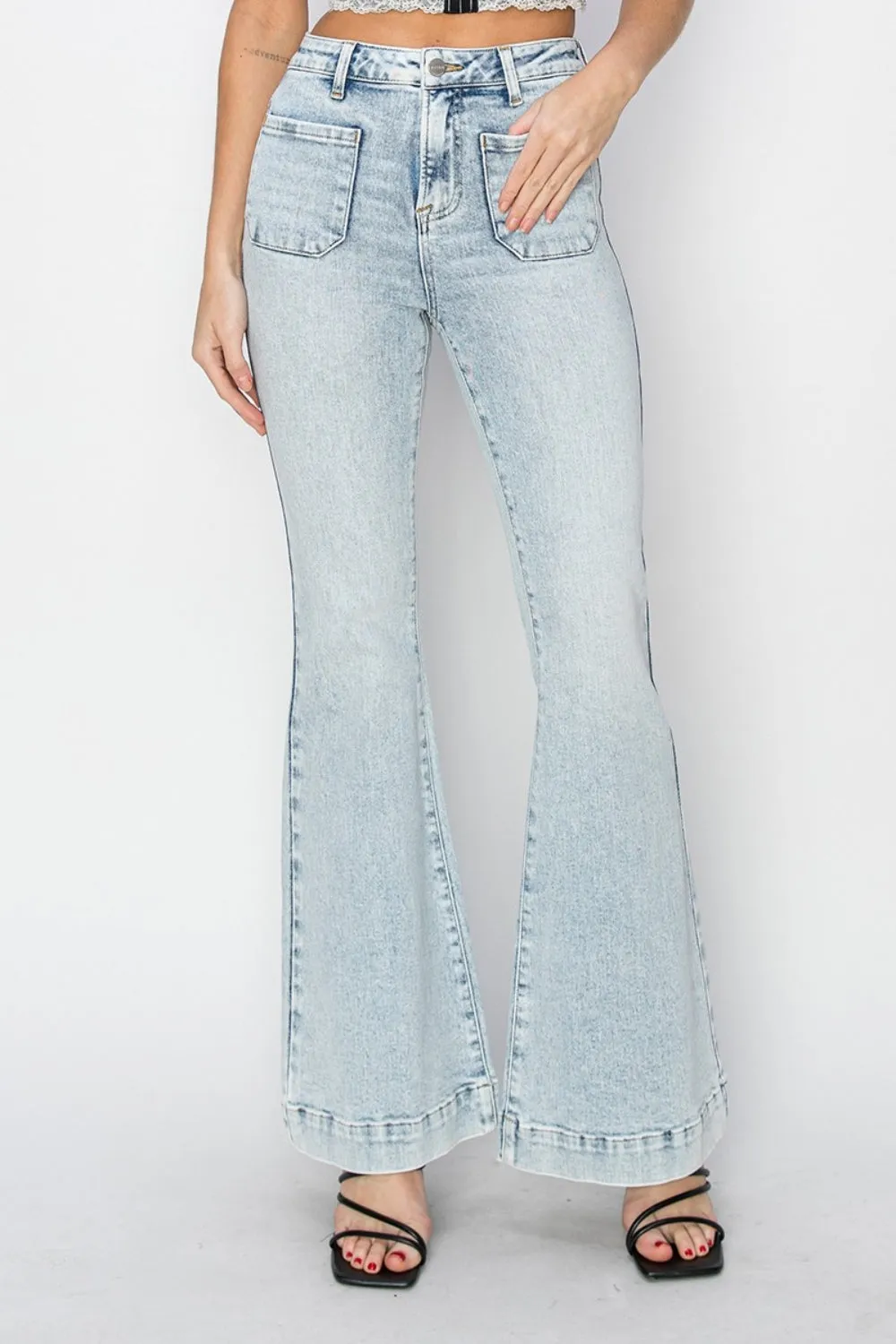 Risen Full Size High Rise Front Patch Pocket Flare Jeans