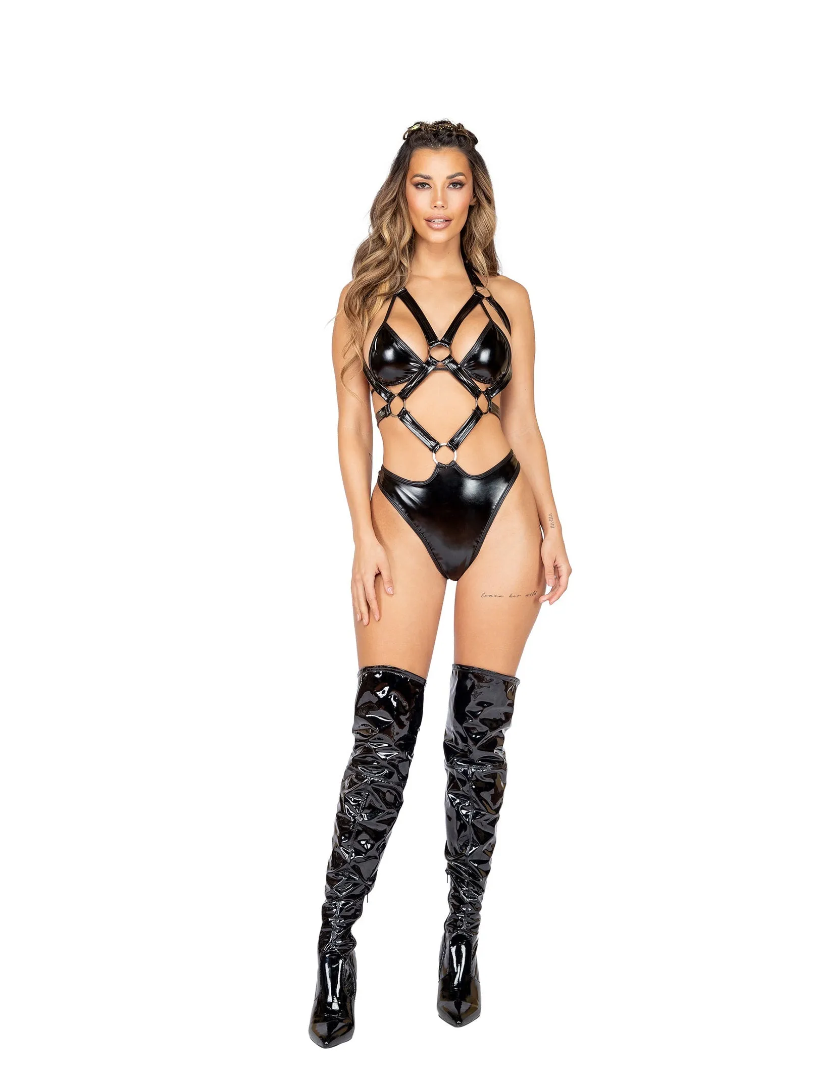 Roma Rave & Festival Wear - Latex Holster Romper with Ring Detail