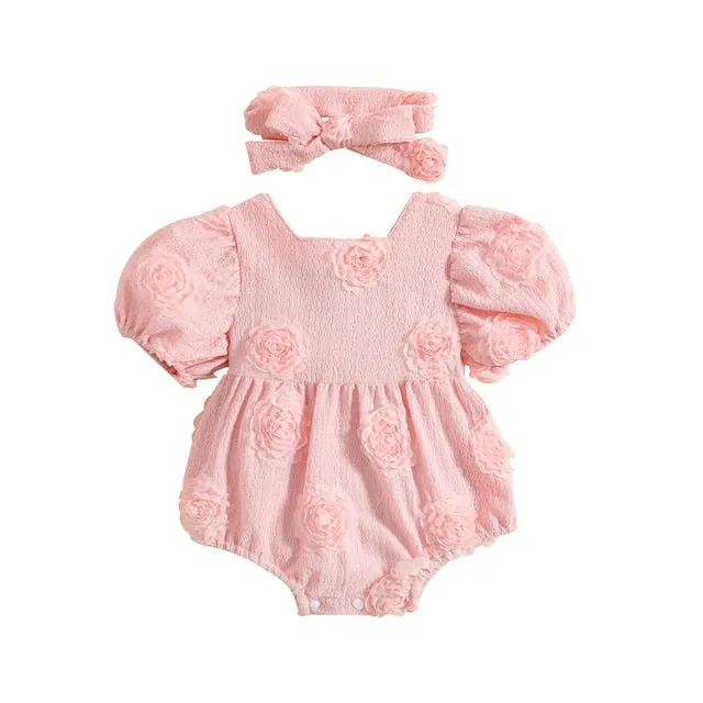 Rosebud - Baby Girls Romper 3D Flower Short Sleeve Square Neck