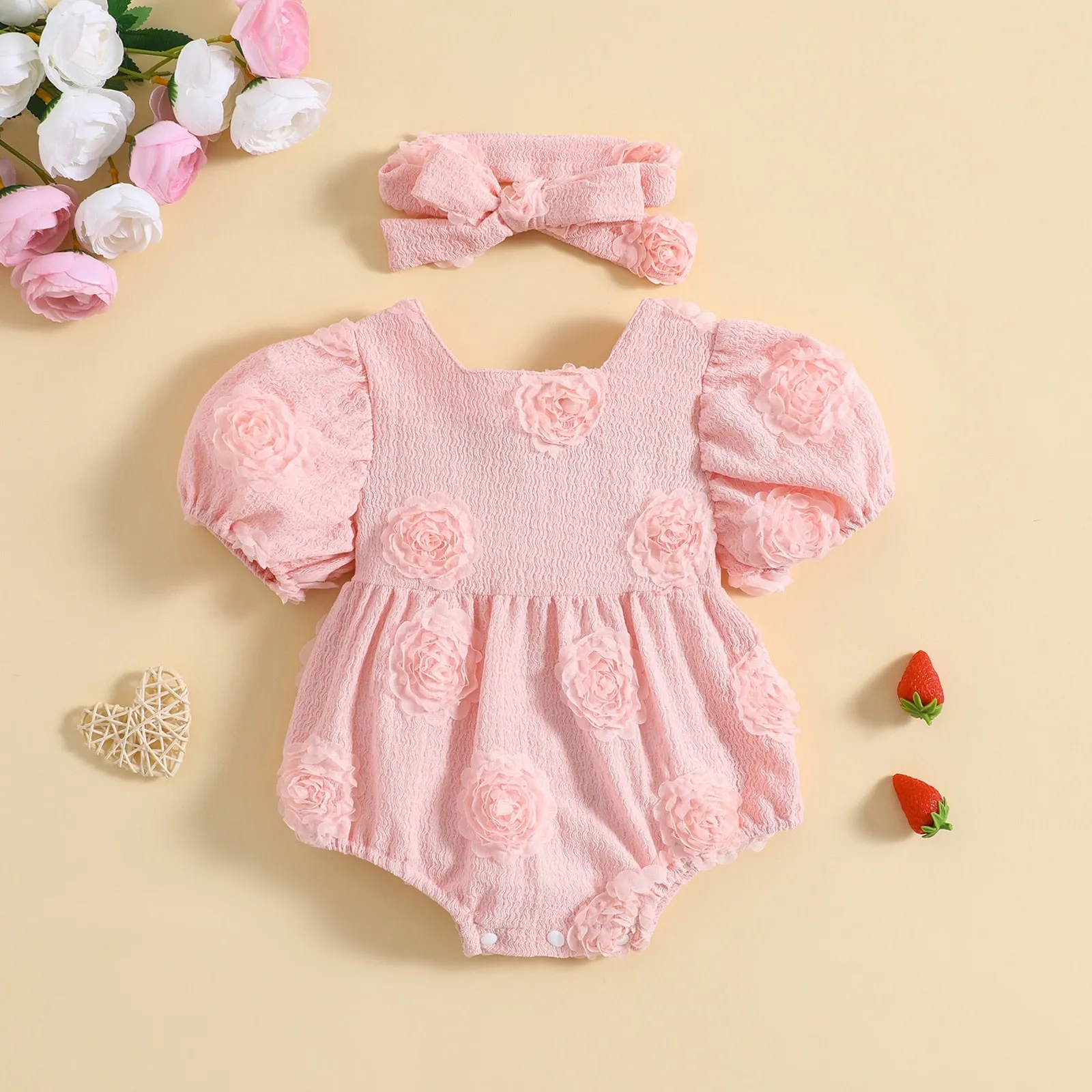 Rosebud - Baby Girls Romper 3D Flower Short Sleeve Square Neck