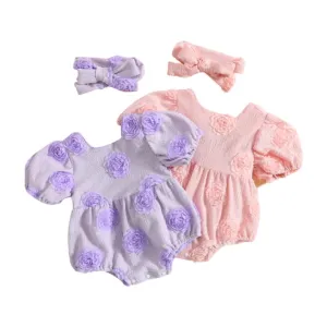 Rosebud - Baby Girls Romper 3D Flower Short Sleeve Square Neck