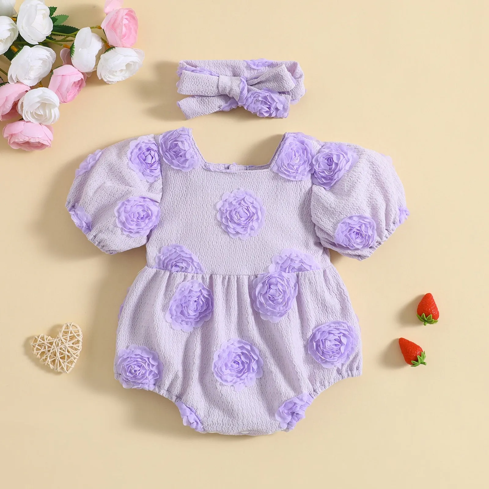 Rosebud - Baby Girls Romper 3D Flower Short Sleeve Square Neck