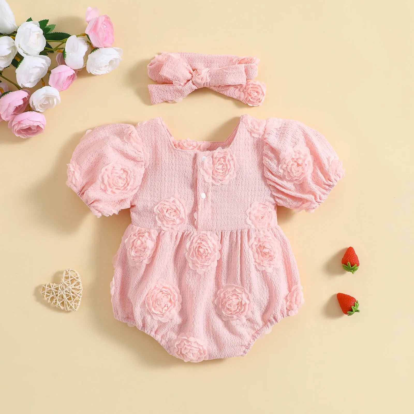 Rosebud - Baby Girls Romper 3D Flower Short Sleeve Square Neck