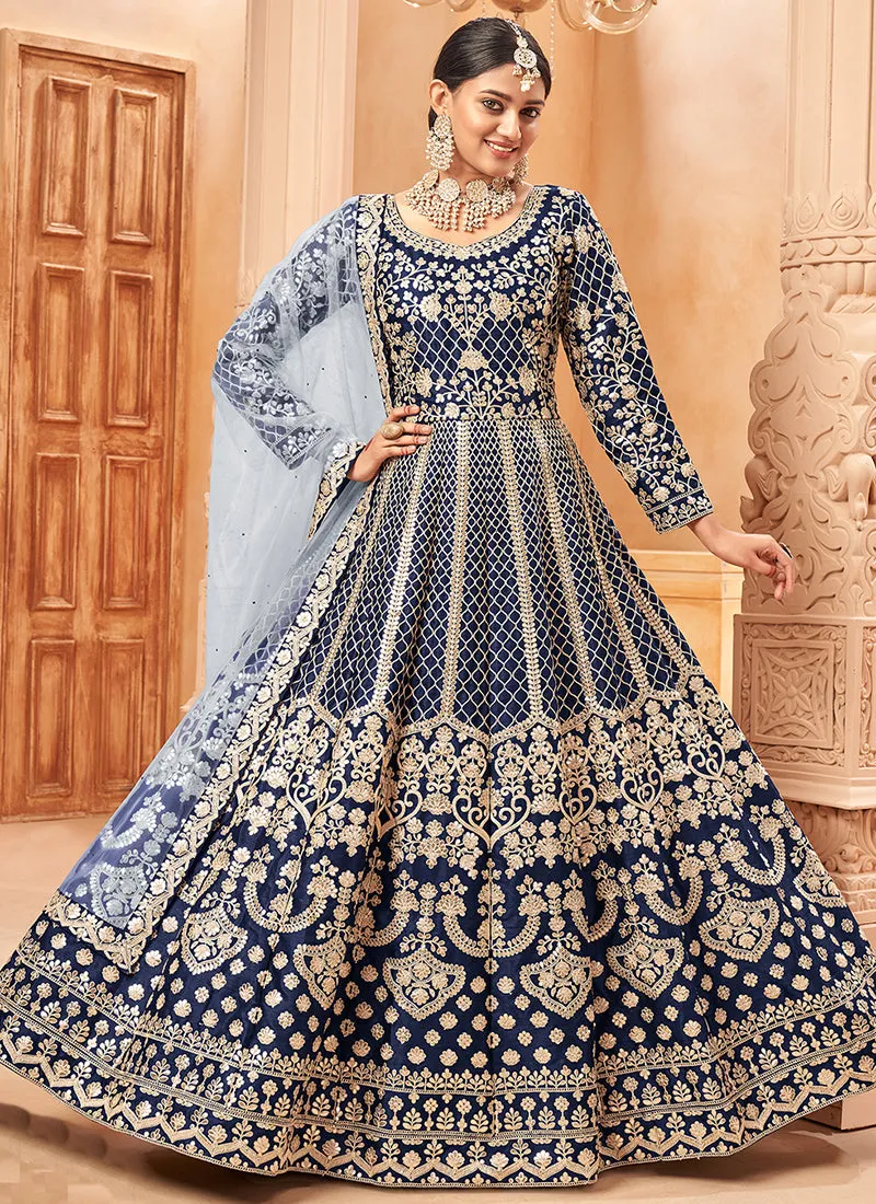 Royal Blue Embroidered Silk Anarkali Suit