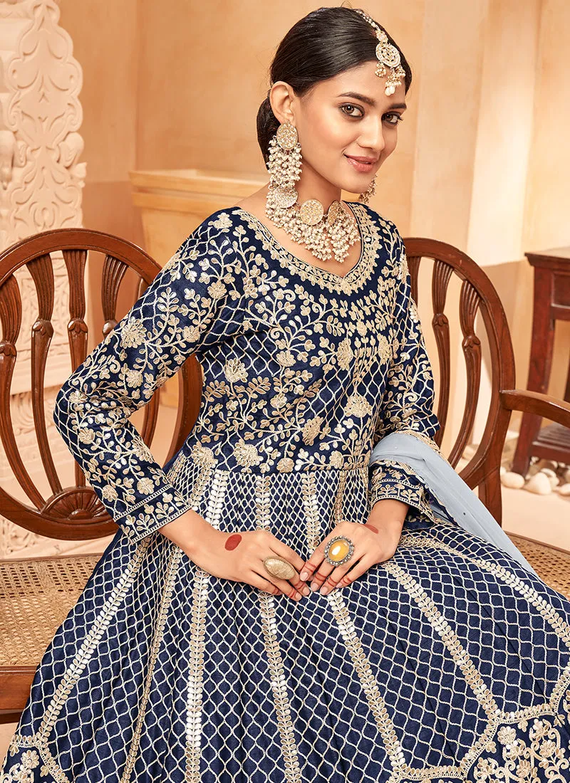 Royal Blue Embroidered Silk Anarkali Suit