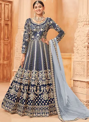 Royal Blue Embroidered Silk Anarkali Suit