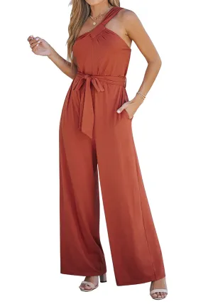 Rust Comfy Sleeveless Belted Jumpsuits & Long Rompers for Women