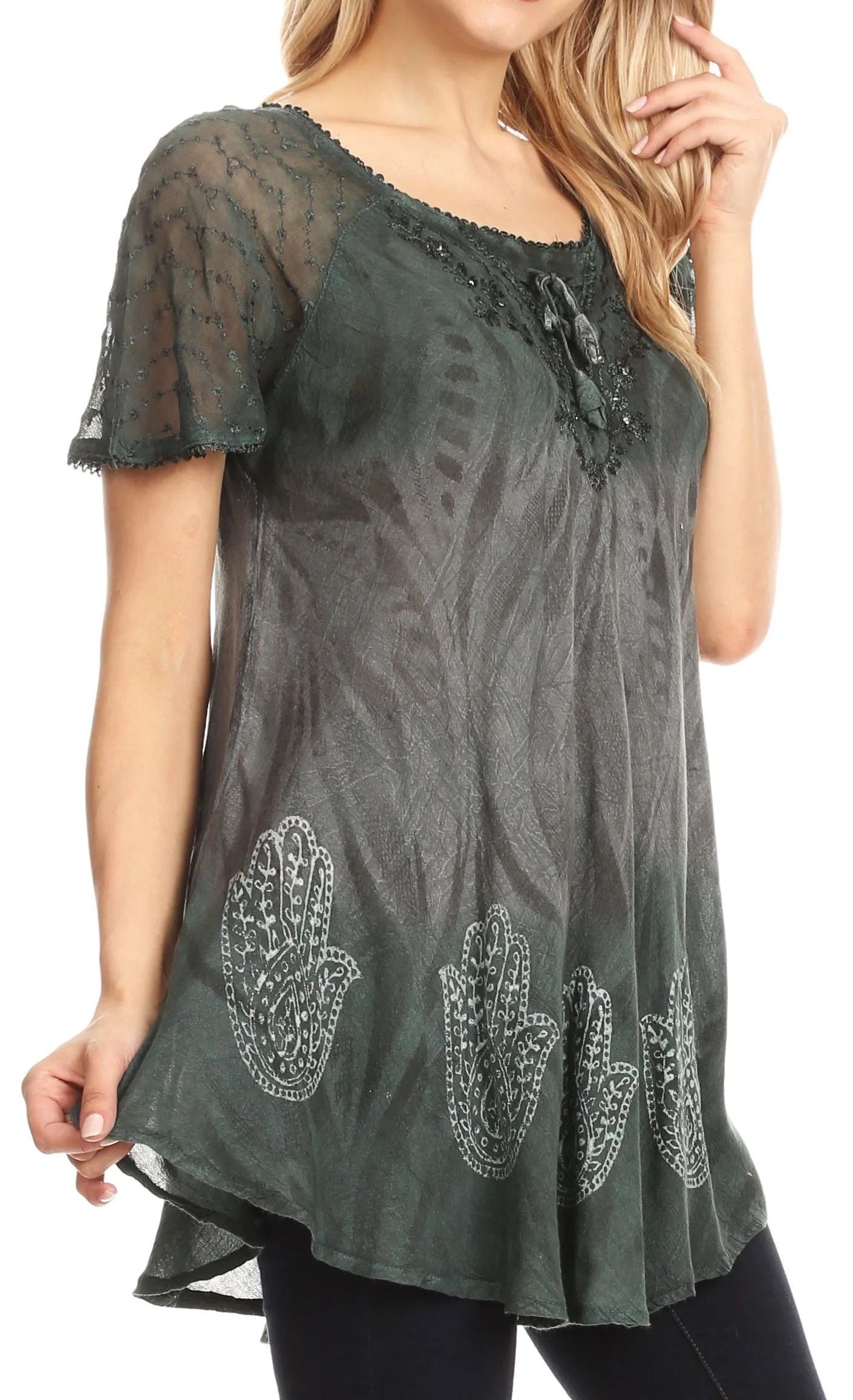 Sakkas Lily Casual Everyday Summer Short Sleeve Top Blouse with Block Print & Lace