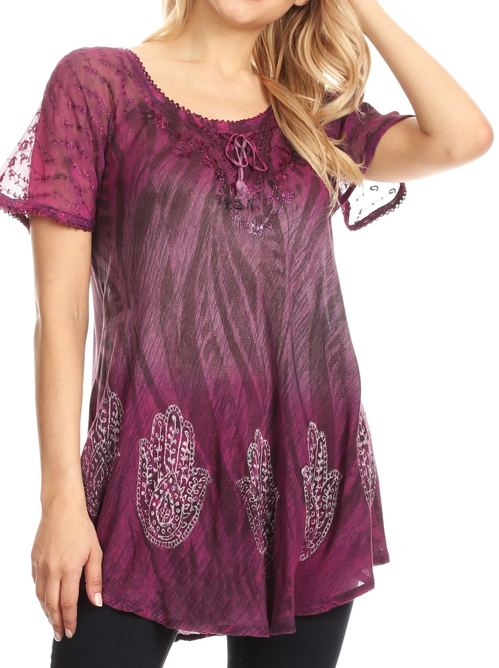 Sakkas Lily Casual Everyday Summer Short Sleeve Top Blouse with Block Print & Lace