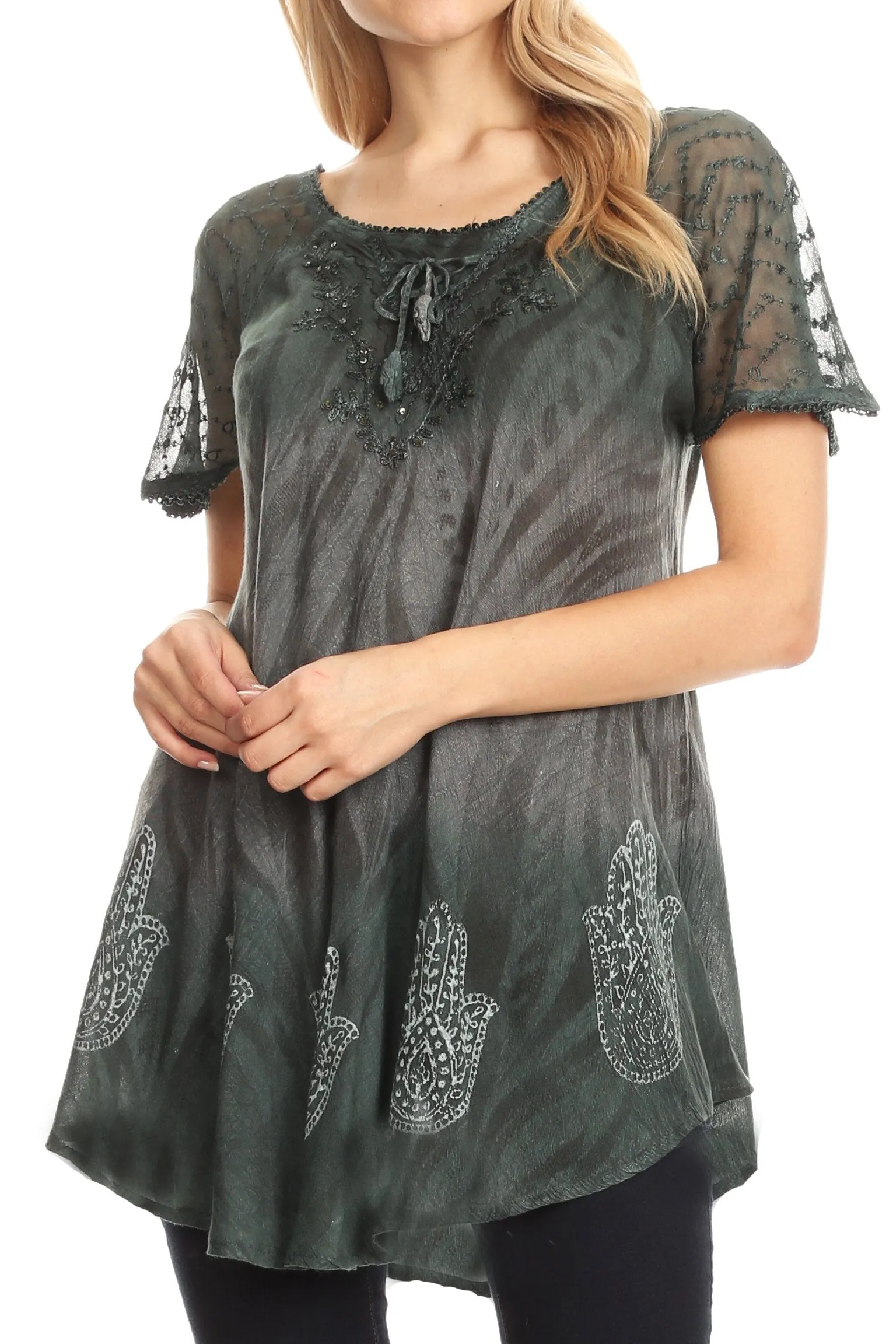 Sakkas Lily Casual Everyday Summer Short Sleeve Top Blouse with Block Print & Lace