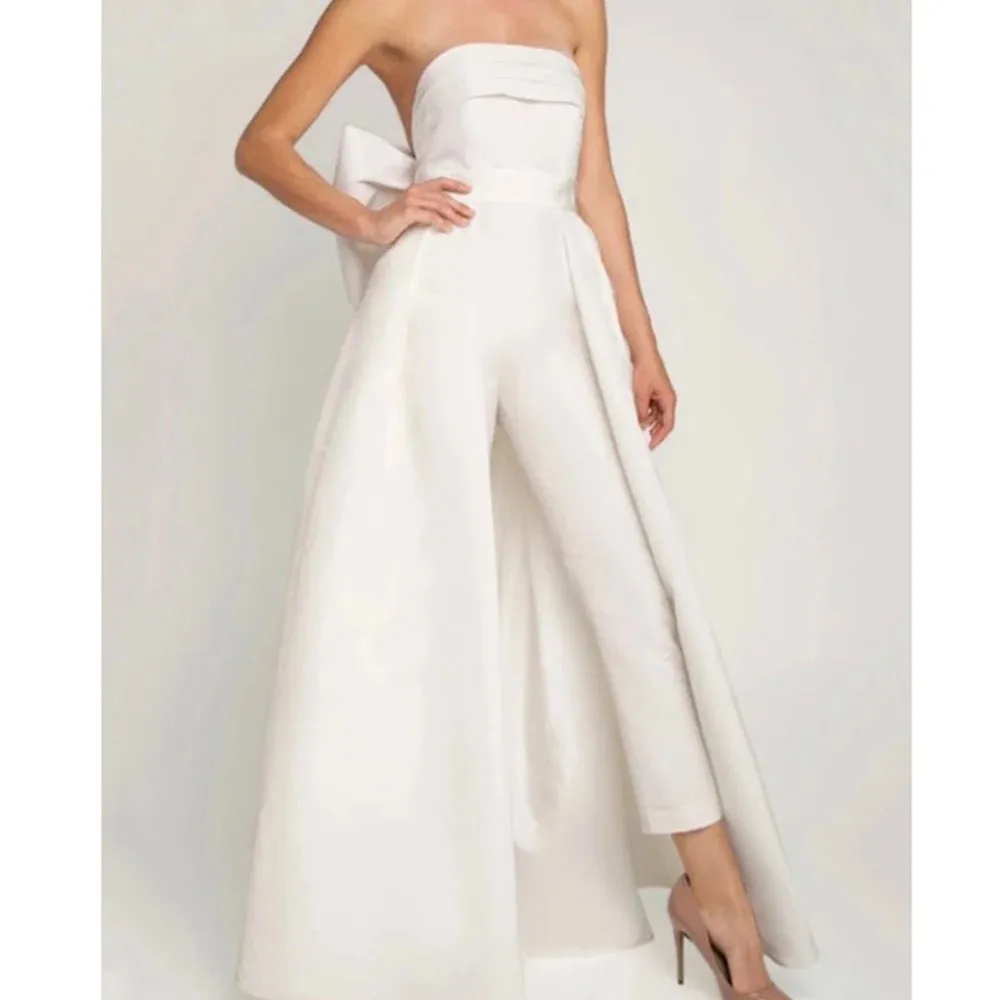 Satin Backless Strapless Jumpsuit Wedding Dress Bow Detachable Train