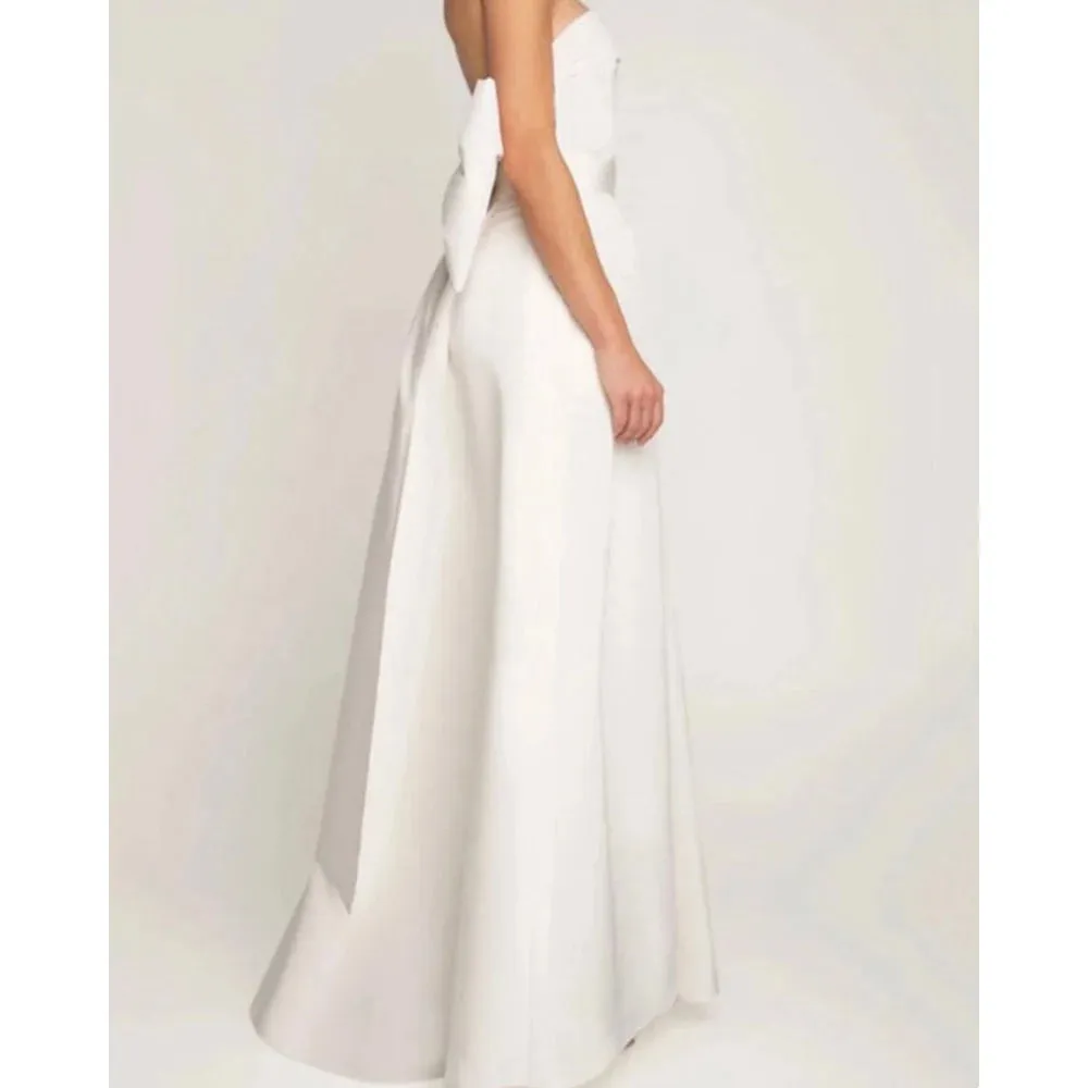 Satin Backless Strapless Jumpsuit Wedding Dress Bow Detachable Train