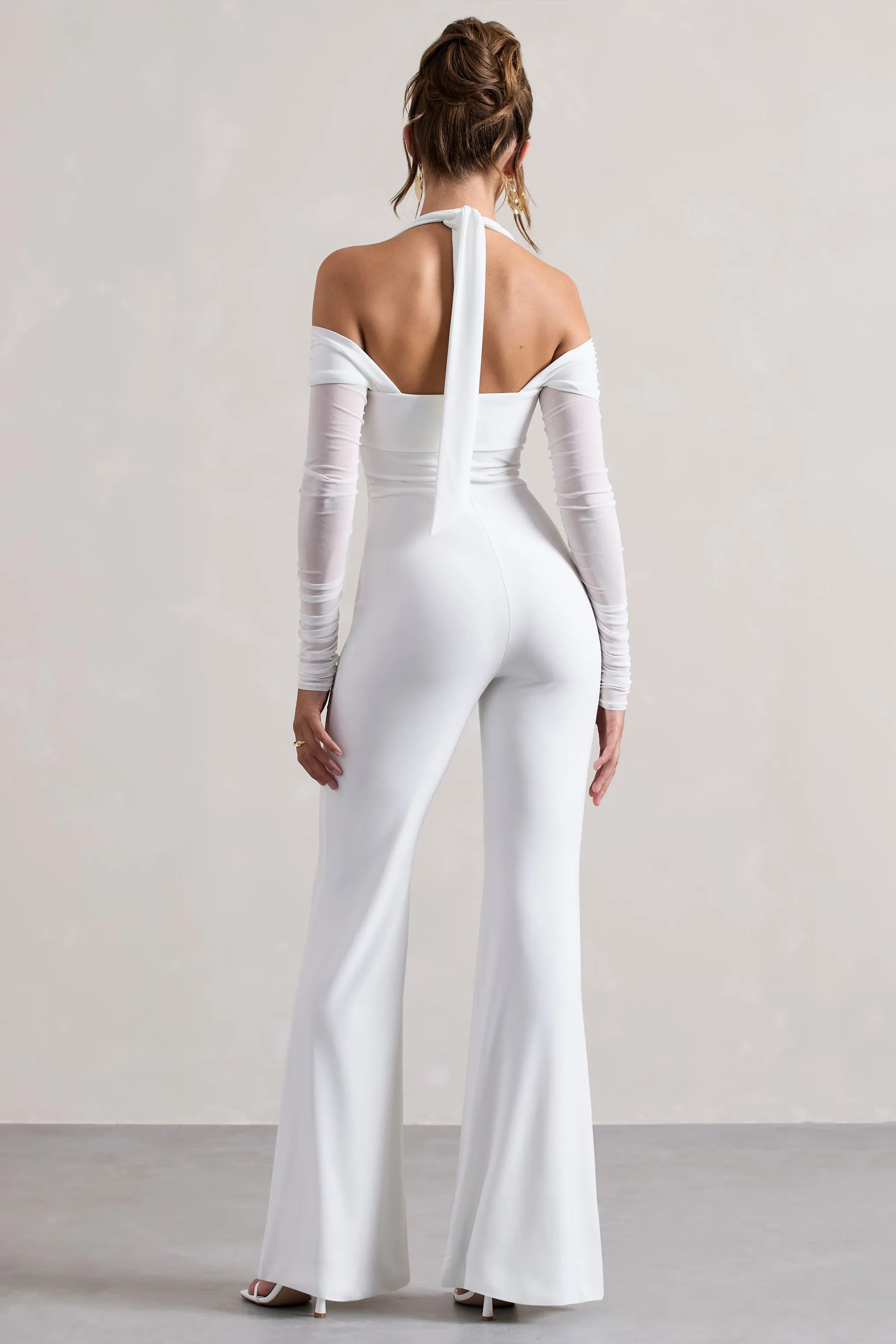 Shannon | White Ruched Halter-Neck Flared-Leg Jumpsuit