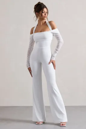 Shannon | White Ruched Halter-Neck Flared-Leg Jumpsuit