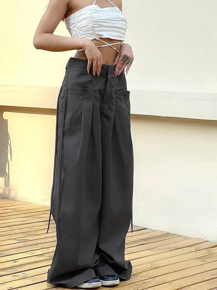 Shirring Vintage Women Waist Y2k Streetwear Casual Suit Loose Office Lady Pants