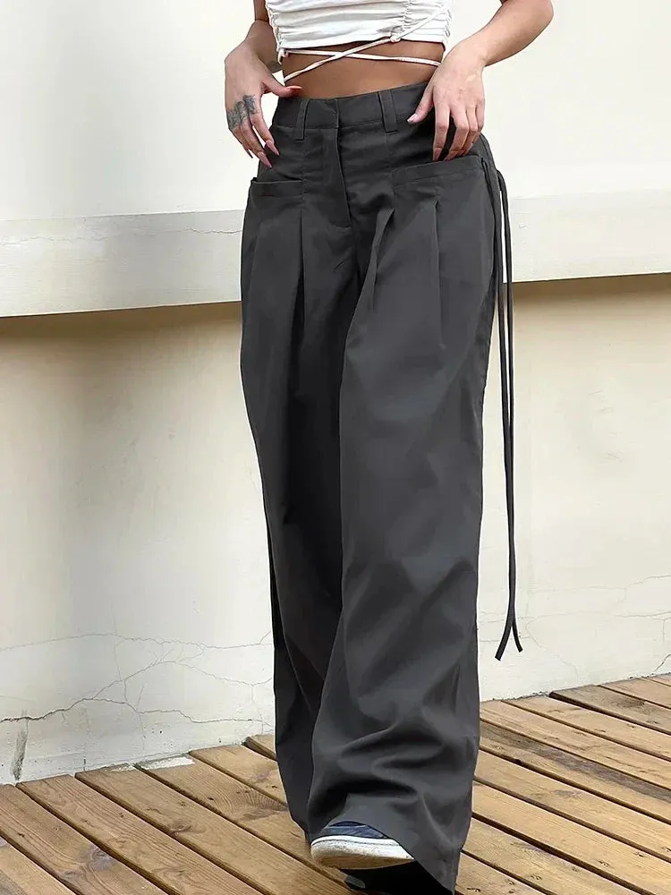 Shirring Vintage Women Waist Y2k Streetwear Casual Suit Loose Office Lady Pants