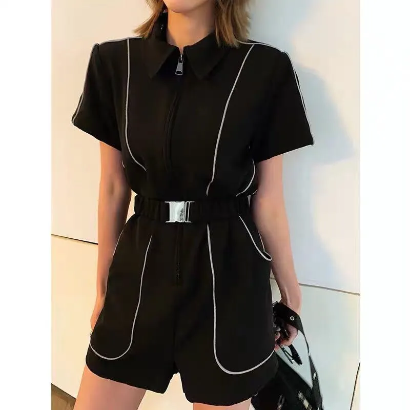 Short-Sleeve Zipper Lapel Slim Wide Leg One Piece Style Jumpsuit