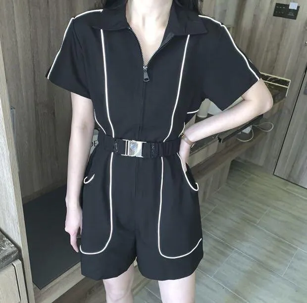 Short-Sleeve Zipper Lapel Slim Wide Leg One Piece Style Jumpsuit