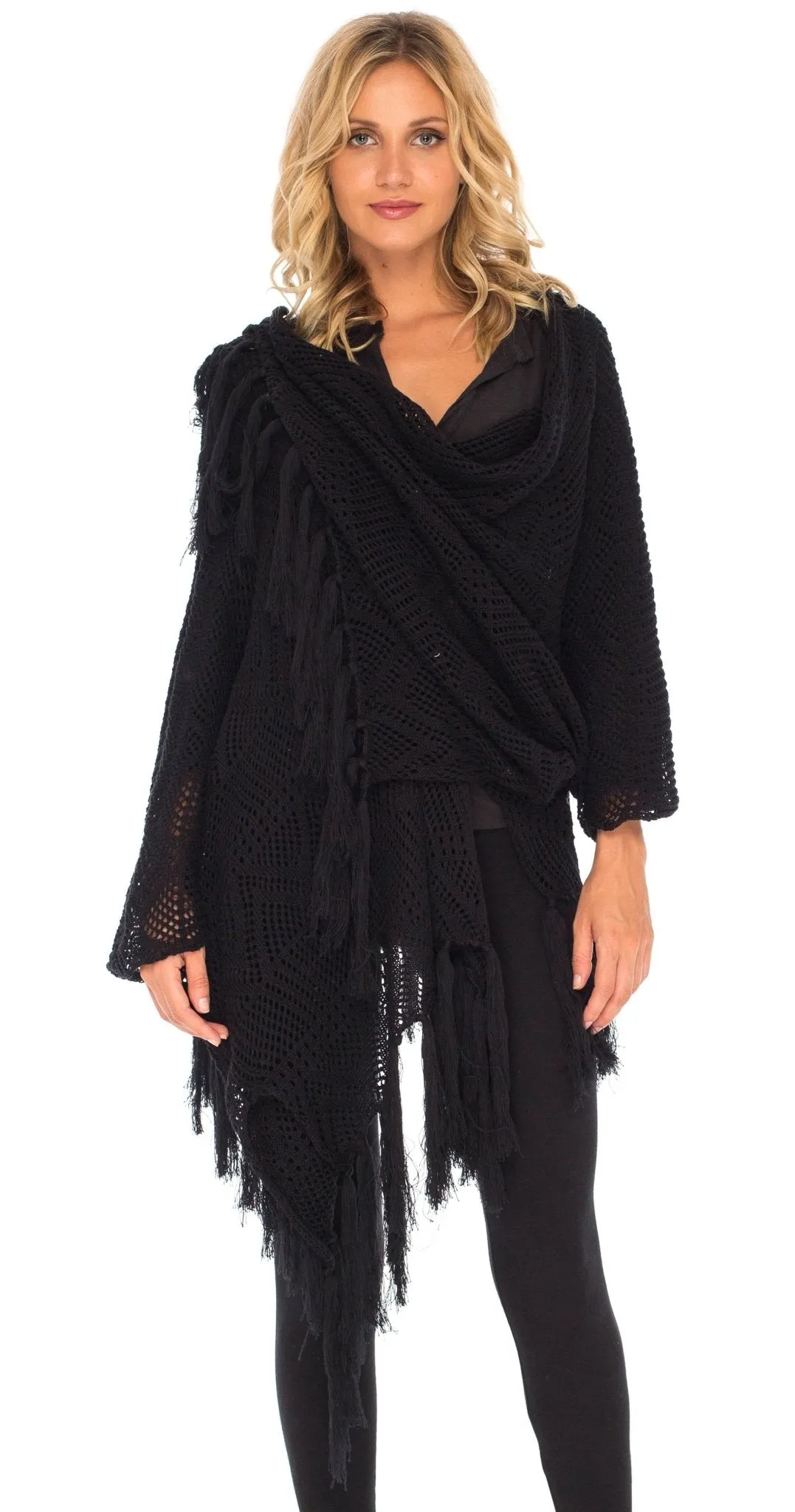 SHU-SHI Womens Fringed Knit Open Front Kimono Shawl Wraps Long Cardigan Beach Cover Up